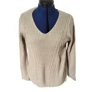 ST JOHN'S BAY Womens Beige Cable Knit V-Neck Sweater Size L lightweight‎ c